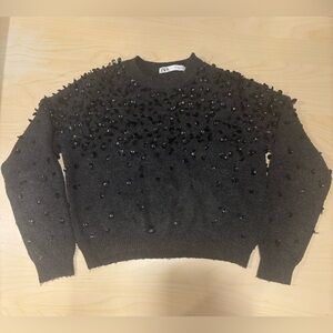 ZARA Dark Grey Beaded Embellished Knit Sweater Size S